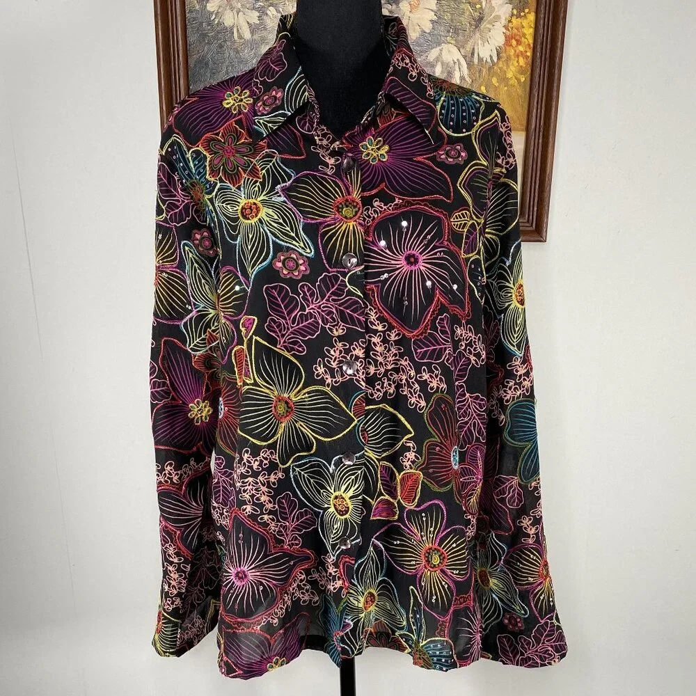 Vintage Coldwater Creek Button Up Shirt Top Women's XL Multicolor Floral VTG - Picture 1 of 12